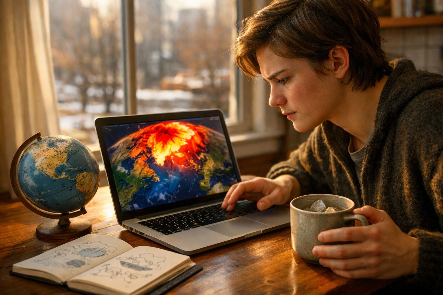 Pessoa a observar no portátil uma imagem de erupção vulcânica, com um globo terrestre e caderno na mesa.