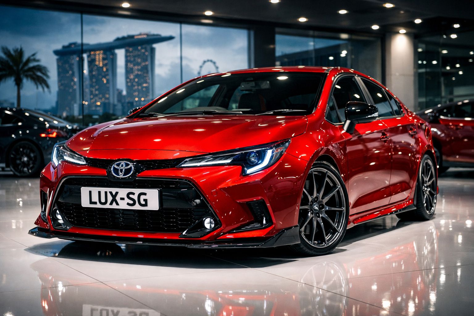 Carro desportivo vermelho Toyota Corolla em exposição em salão com fundo urbano noturno.