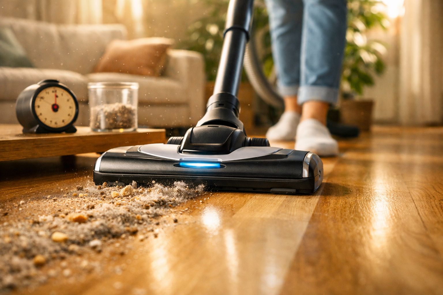 Aspirador em ação a limpar chão de madeira com detritos no chão e pessoa ao fundo.
