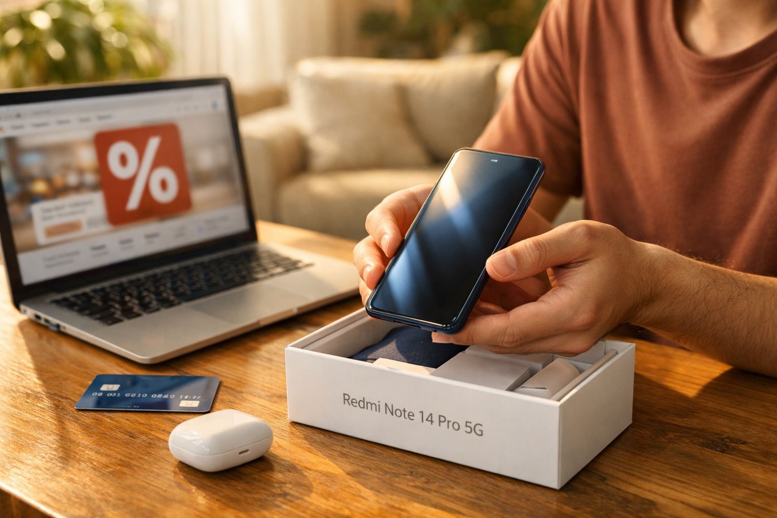 Pessoa a retirar um telemóvel Redmi Note 14 Pro 5G da caixa, com computador portátil, auriculares e cartão de crédito na mesa