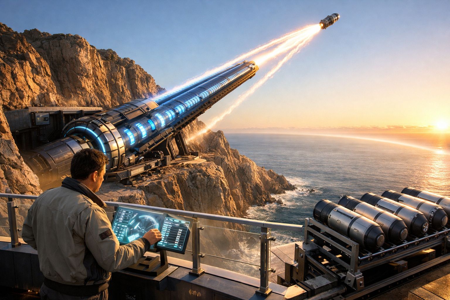 Homem controla canhão futurista que dispara feixe de energia junto ao mar ao pôr do sol.
