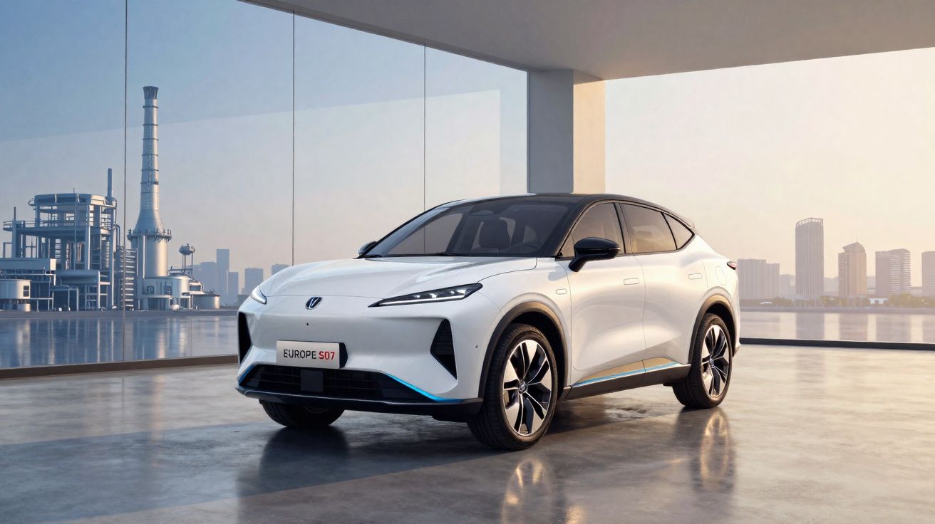 Automóvel elétrico branco Europe S07 estacionado em espaço interior moderno com vista para cidade.