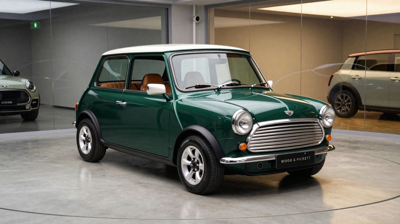 Automóvel clássico Mini Cooper verde escuro com tejadilho branco num showroom com piso cinza e paredes de vidro.