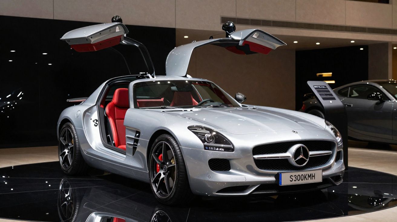 Mercedes-Benz prata com portas tipo asas de gaivota e interior de bancos vermelhos em exposição.