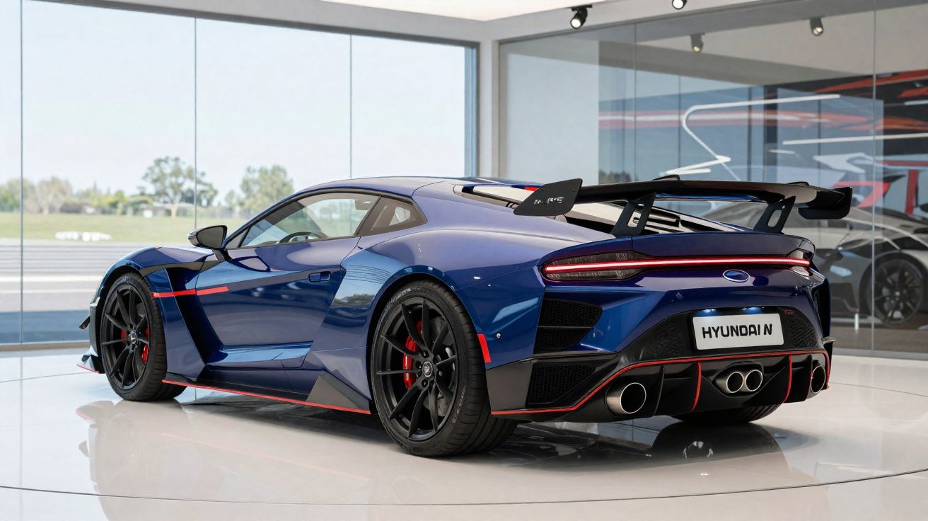 Carro desportivo azul Hyundai N com spoiler preto exposto numa sala com janelas amplas.