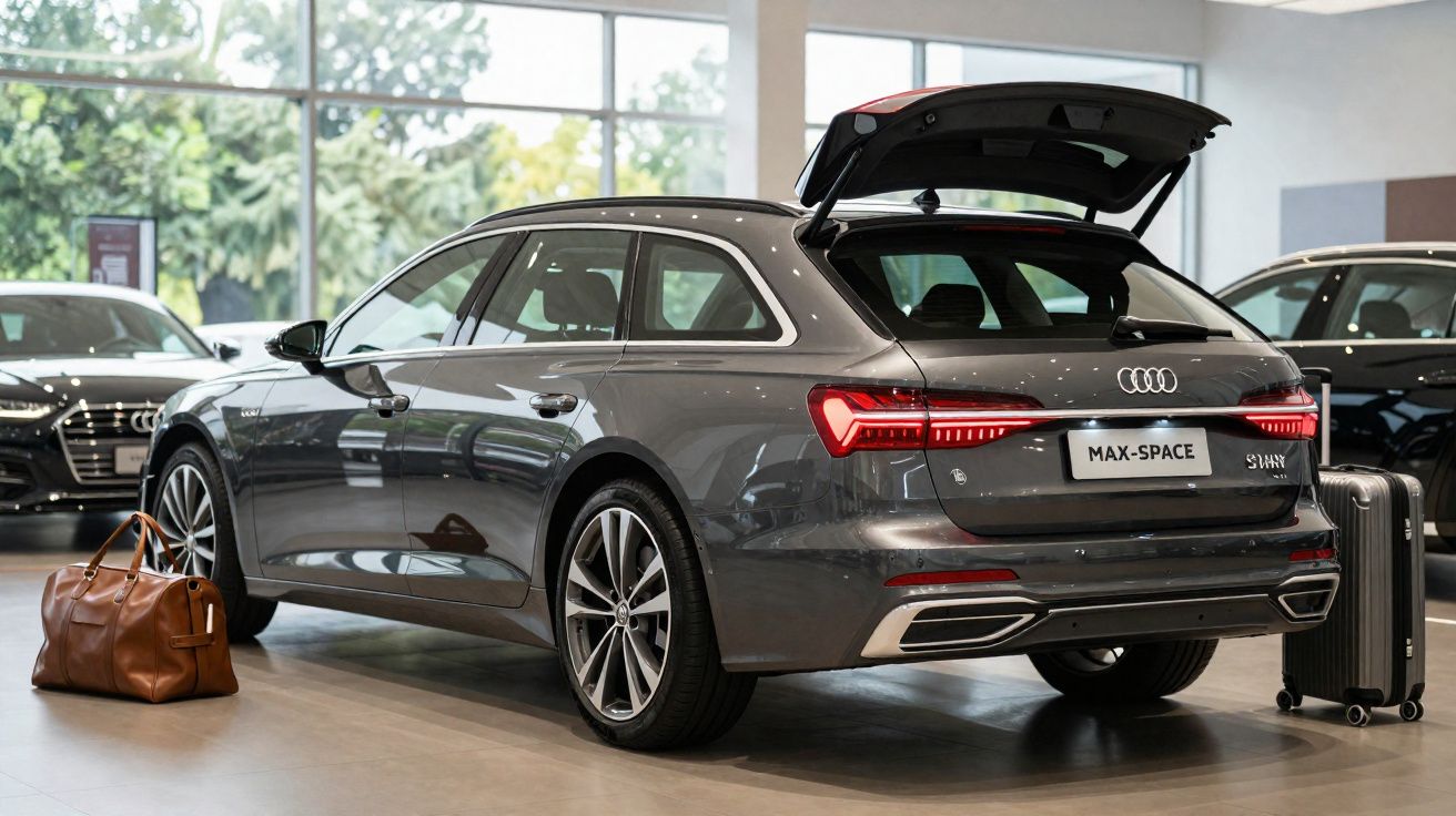 Carro Audi Avant cinzento com porta da bagageira aberta e malas ao lado numa concessionária.