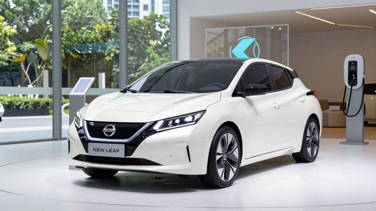 Carro eléctrico Nissan Leaf branco exibido numa sala moderna com carregador elétrico ao fundo.