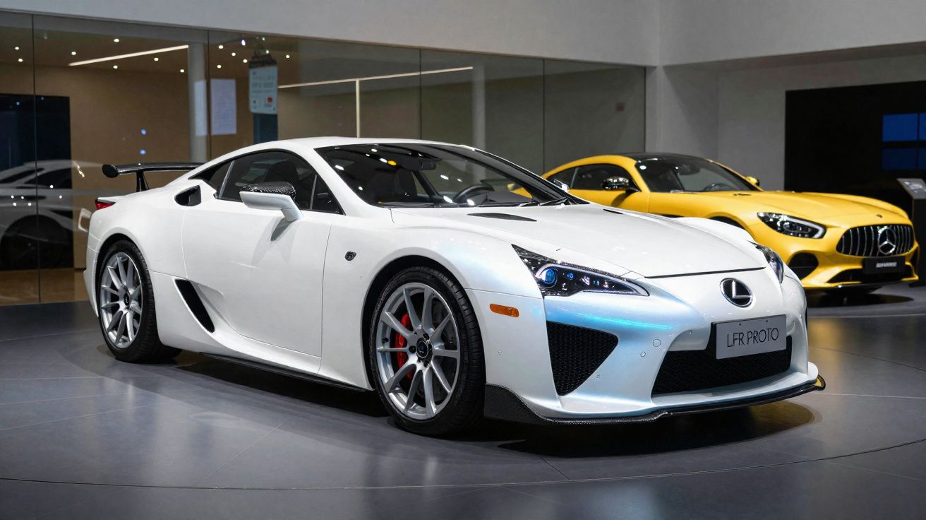 Carro desportivo branco Lexus LFA exposto em salão automóvel com outro carro amarelo ao fundo.