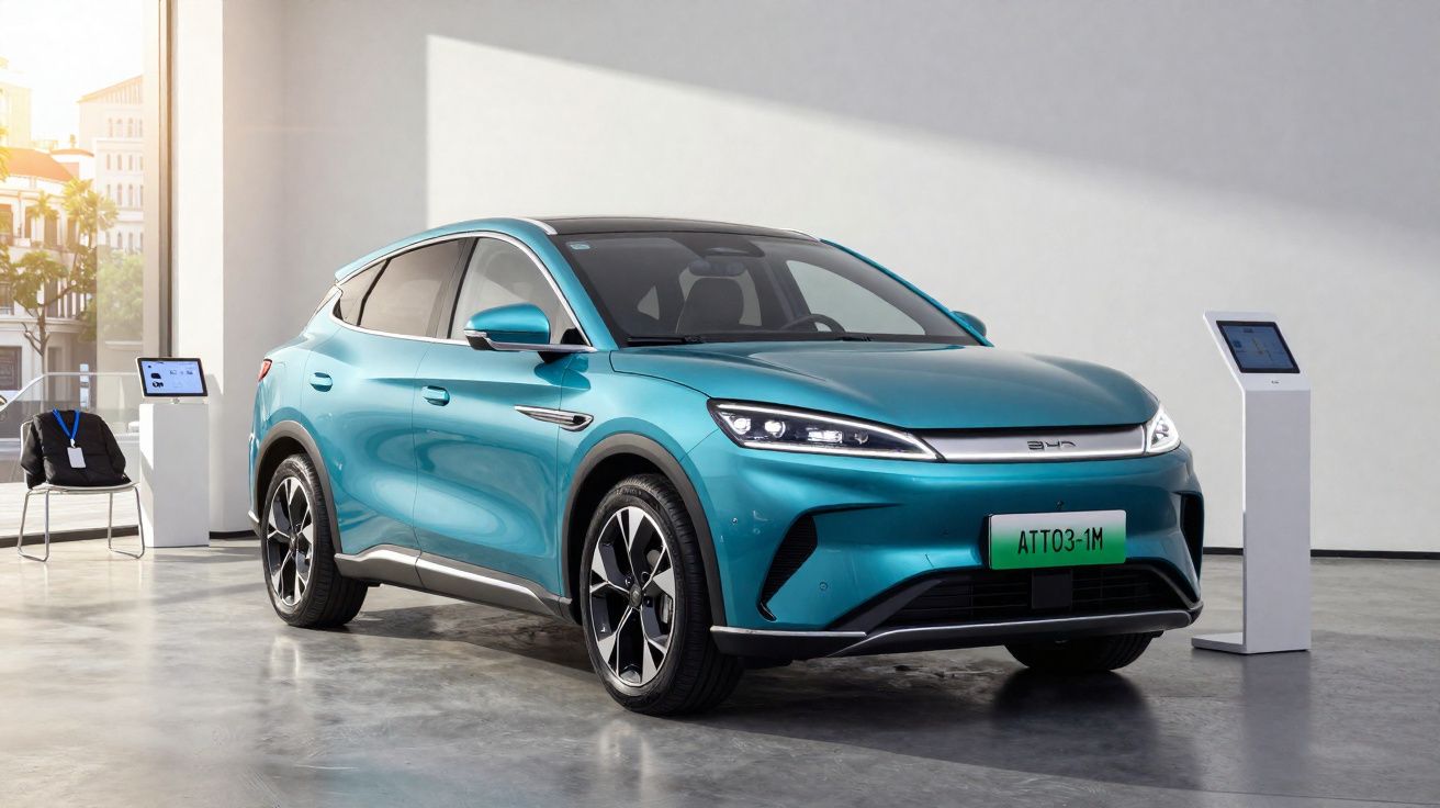 Carro SUV elétrico azul exibido num salão com ecrãs de apresentação ao lado.