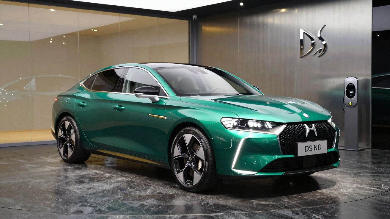 Automóvel elétrico DS N8 verde apresentado numa exposição com logotipo DS em fundo metálico.