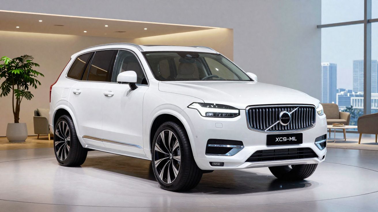 SUV Volvo XC90 branco exposto numa sala moderna com plantas e vista urbana através de janelas amplas.