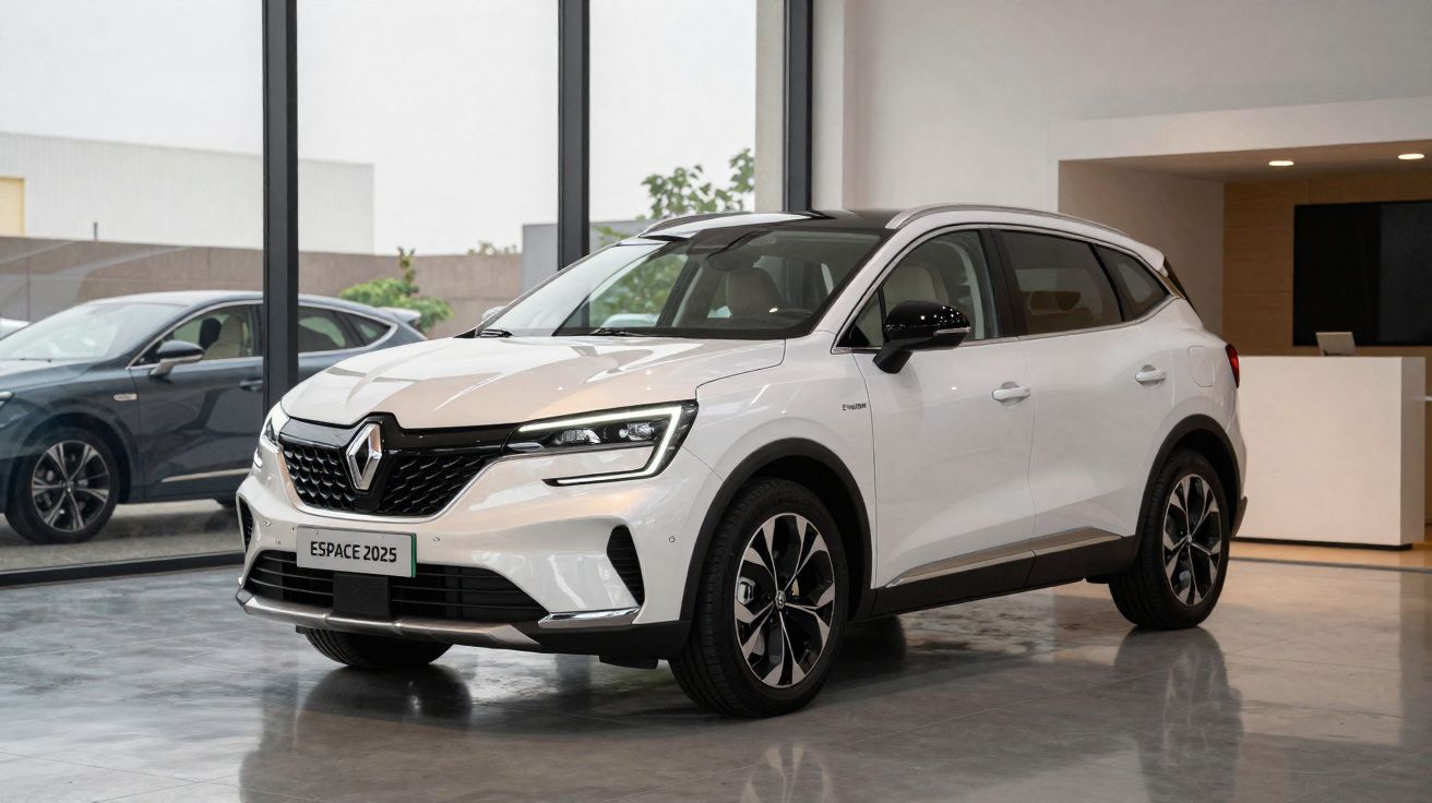 Carro Renault Espace 2025 branco em exposição num interior moderno com chão reflector e grandes janelas.