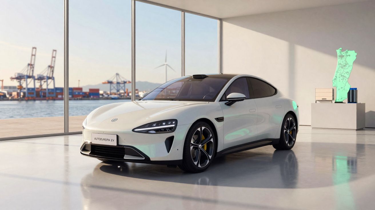 Carro elétrico branco moderno estacionado em showroom com vista para um porto marítimo através de grandes janelas.