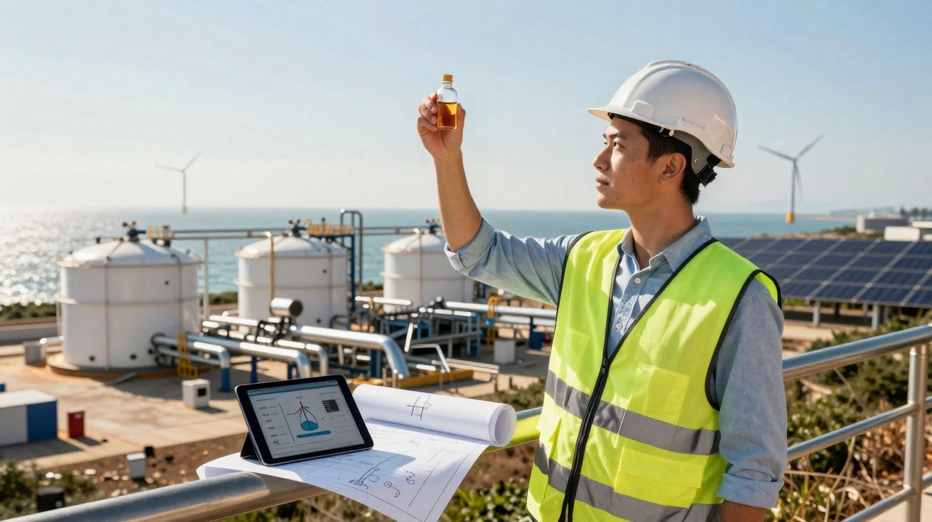 Engenheiro com capacete e colete refletor analisa amostra de líquido em fábrica com turbinas e painéis solares.