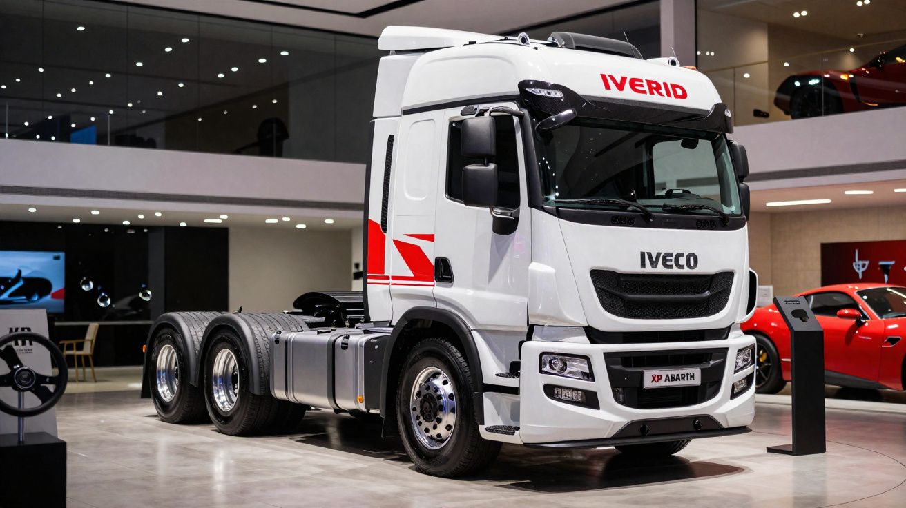 Camião Iveco branco com detalhes vermelhos exposto em salão automóvel moderno.