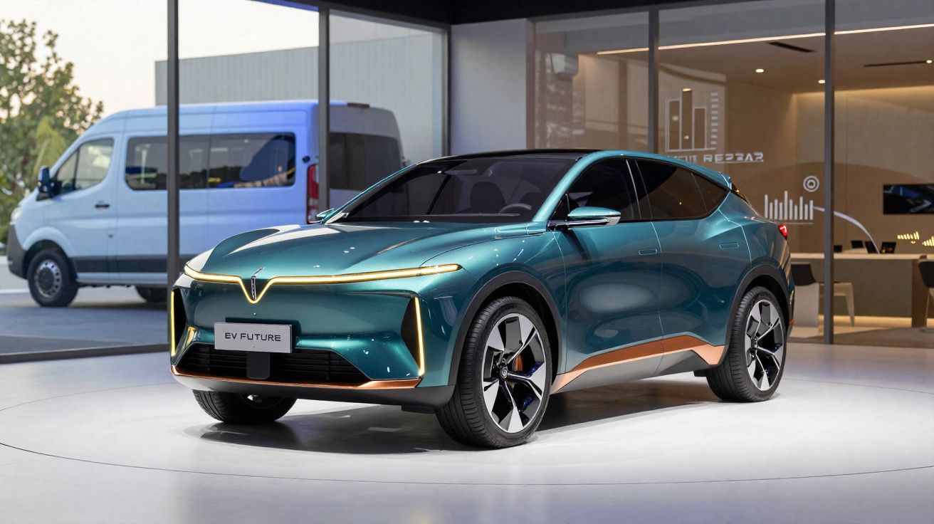 Carro elétrico SUV futurista verde com detalhes dourados exposto em showroom moderno.