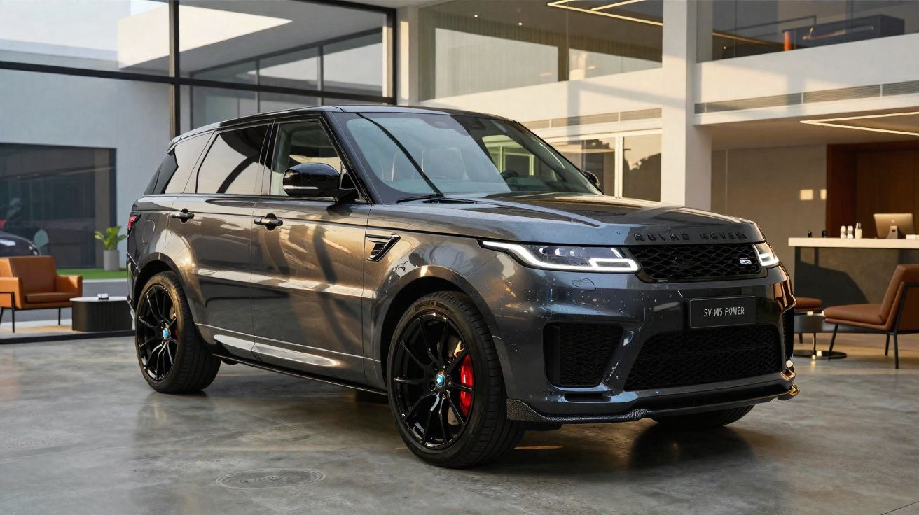 SUV Land Rover Range Rover cinza escuro estacionado em garagem moderna com janelas amplas.