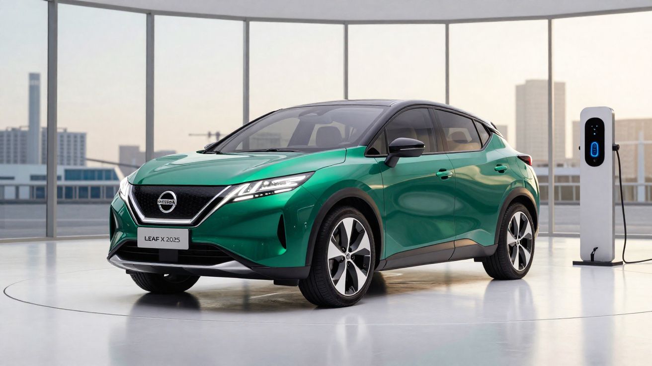 Carro elétrico Nissan Leaf X 2025 verde estacionado junto a posto de carregamento num espaço moderno.