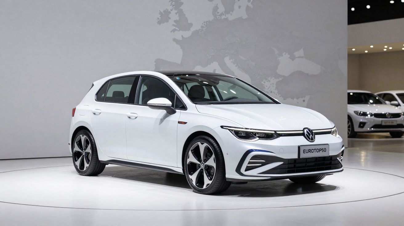 Carro Volkswagen branco em exibição em plataforma circular numa sala moderna de exposição automóvel.