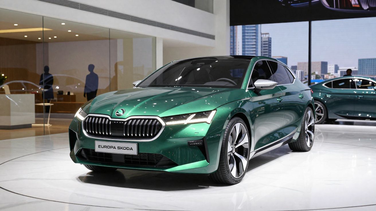 Carro elétrico Skoda verde exposto em stand moderno com chão branco e fundo urbano.