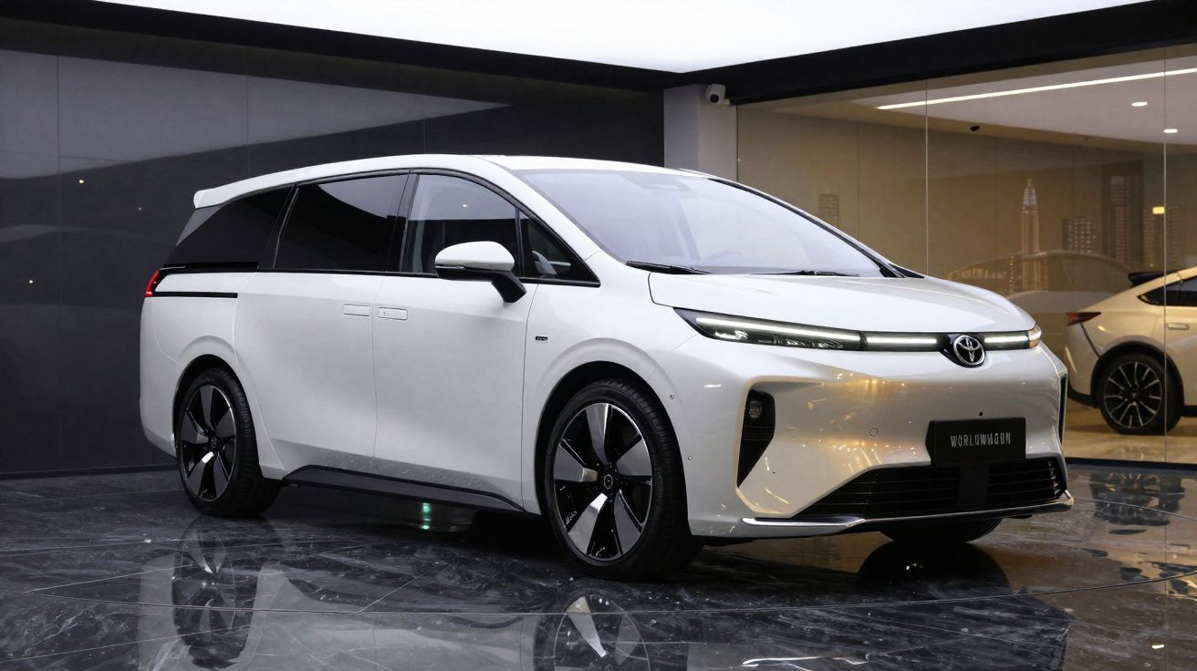 Carro elétrico Toyota branco, estilo SUV, estacionado em showroom moderno com chão refletor.