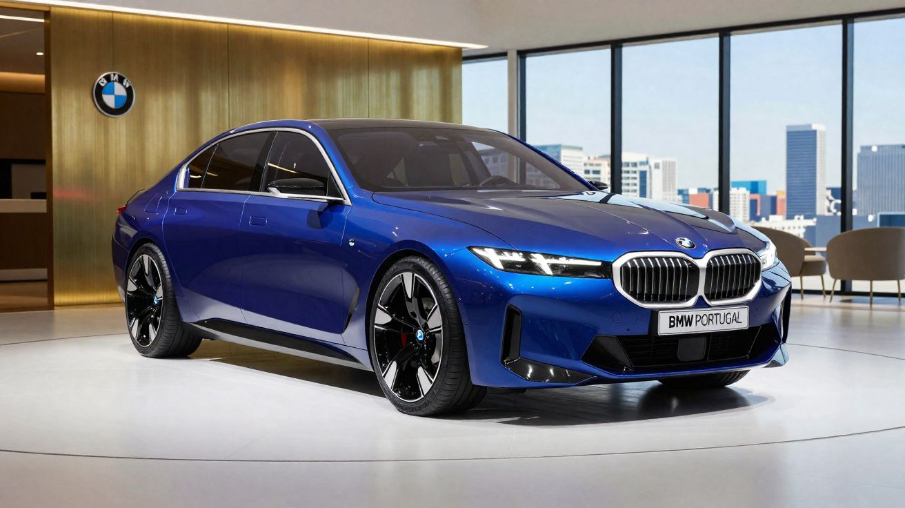 Carro desportivo BMW azul exposto num showroom moderno com janelas amplas e vista urbana.