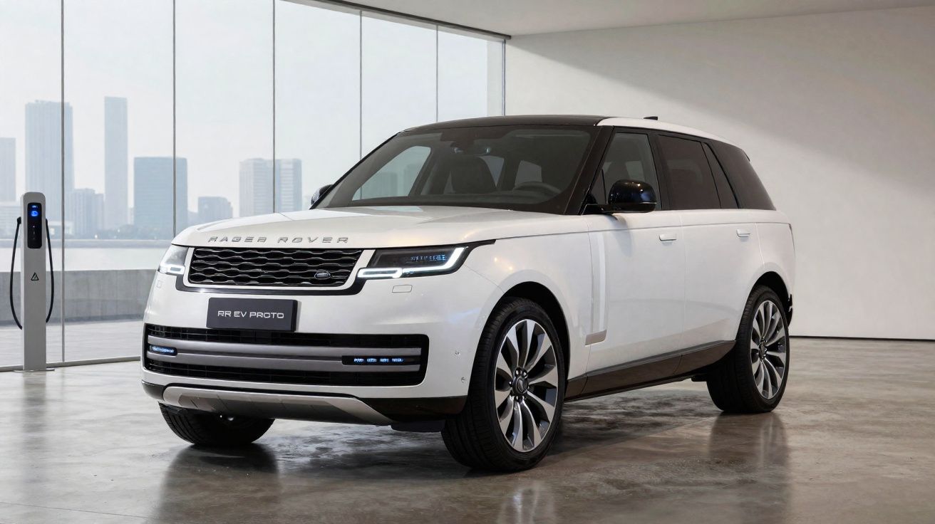 SUV branco elétrico Range Rover estacionado num espaço interior moderno junto a posto de carregamento.