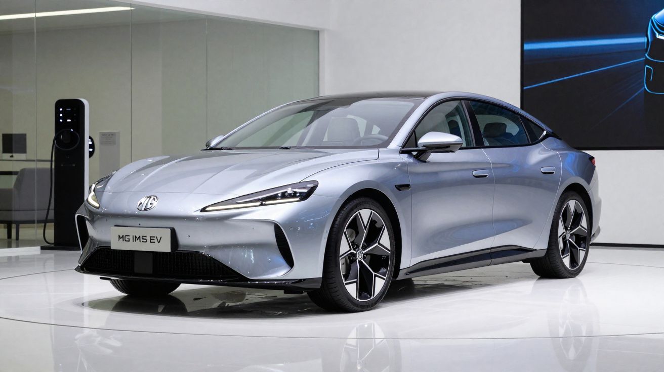 Carro elétrico cinza MG iMS EV exposto em espaço moderno com carregador elétrico à esquerda.