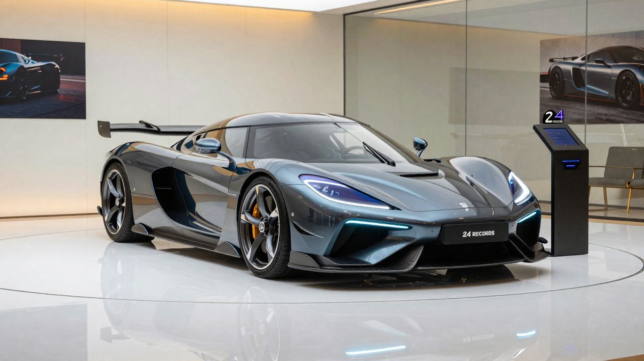 Carro desportivo cinzento com design aerodinâmico, exposto em sala moderna com chão branco brilhante.