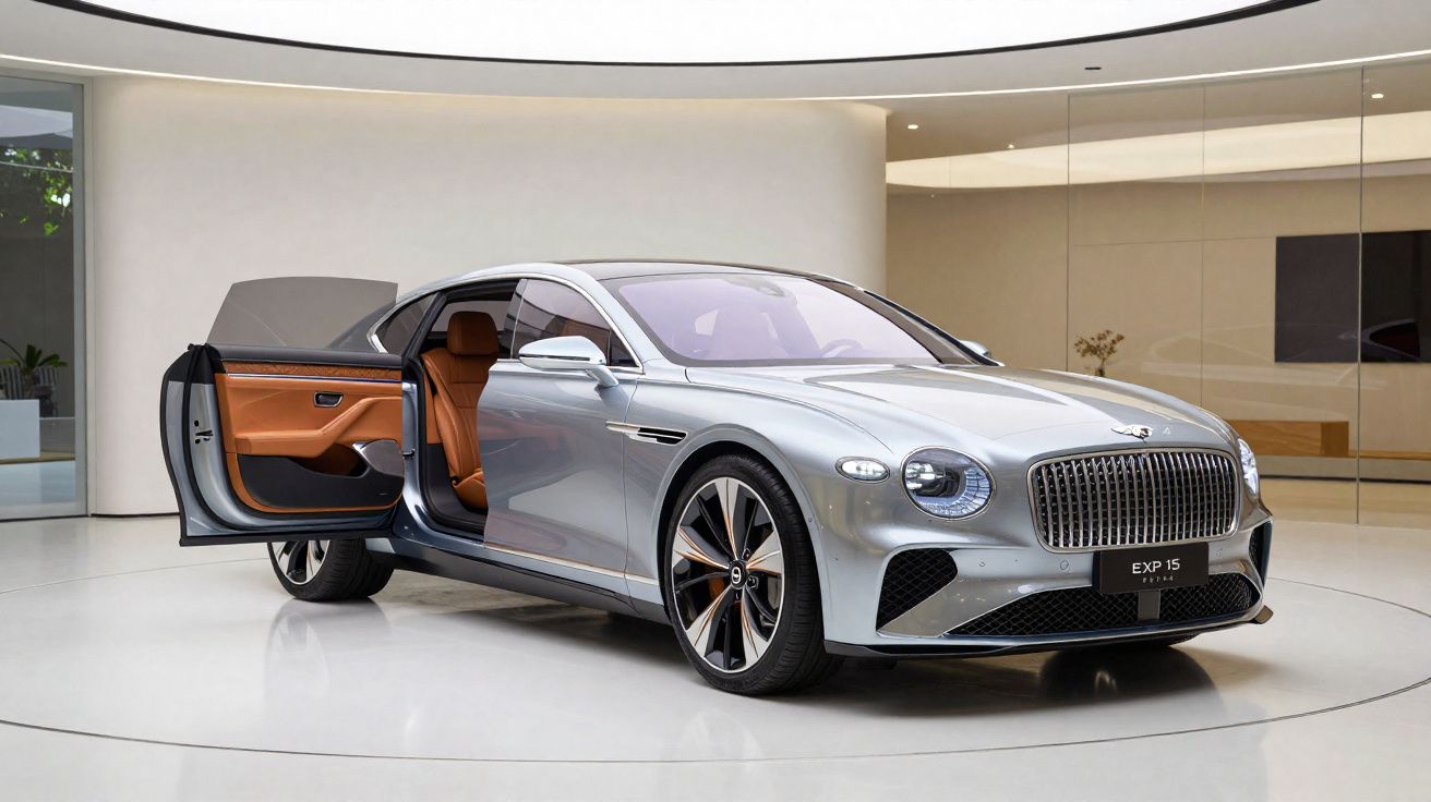 Carro de luxo cinzento com portas abertas e interior em couro castanho exposto em sala moderna.