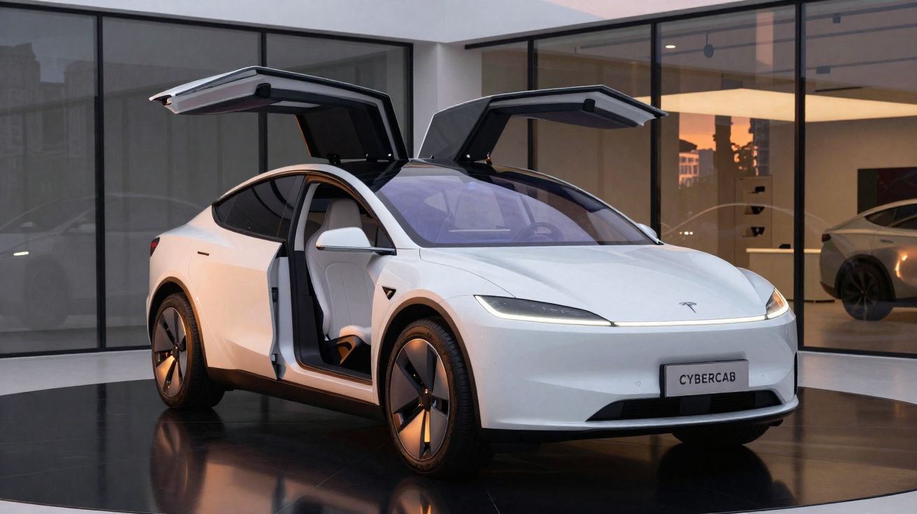 Carro elétrico branco Tesla Cybercab com portas estilo asa de gaivota abertas em showroom moderno.