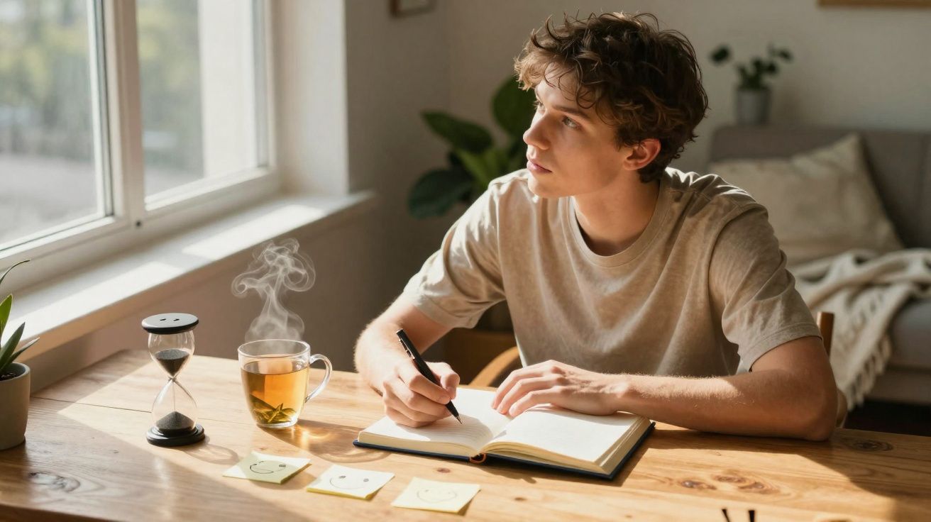 Jovem sentado à mesa a escrever num caderno, olhando através da janela com chá quente e ampulheta ao lado.