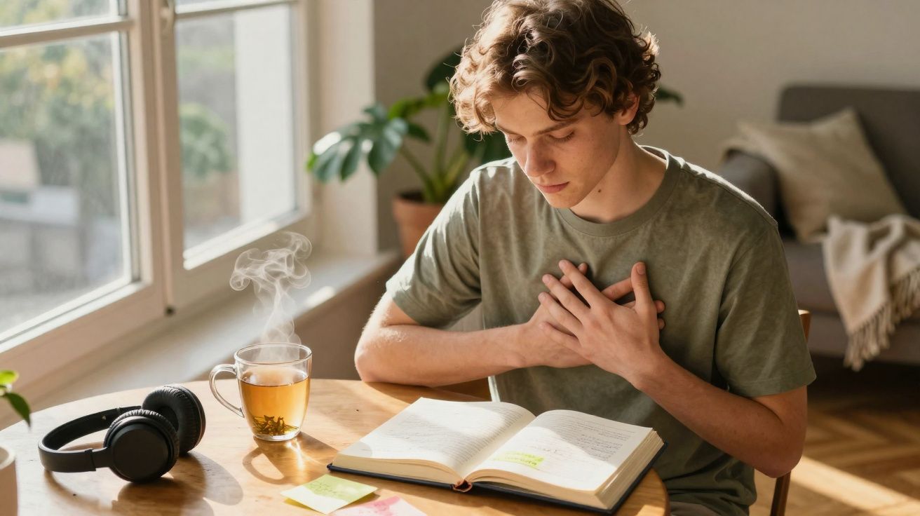 Jovem sentado a ler um livro com mãos no peito, chá quente e auscultadores numa mesa junto à janela.