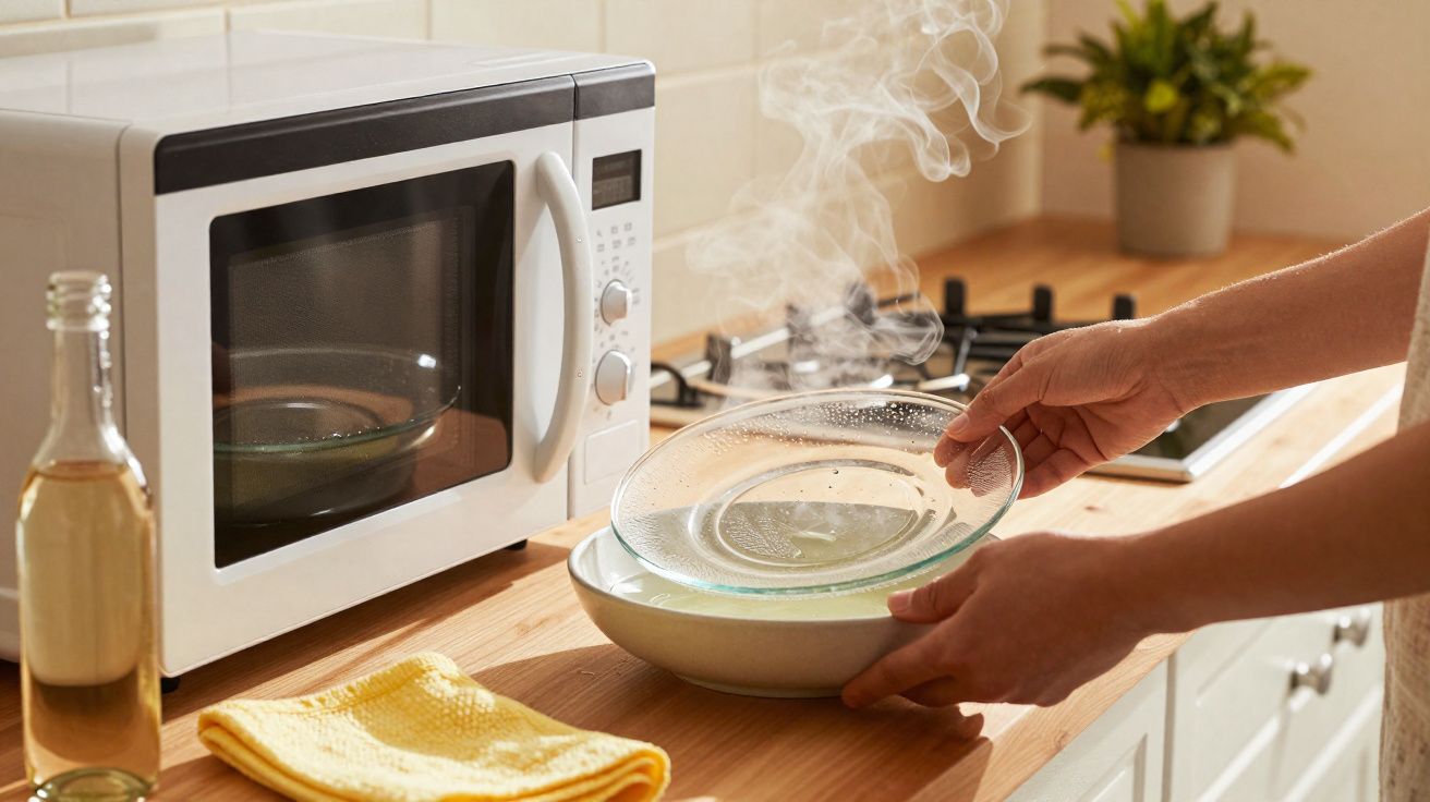 Mãos a tirar tampa de vidro de prato quente fumegante numa cozinha com micro-ondas e frasco de óleo.