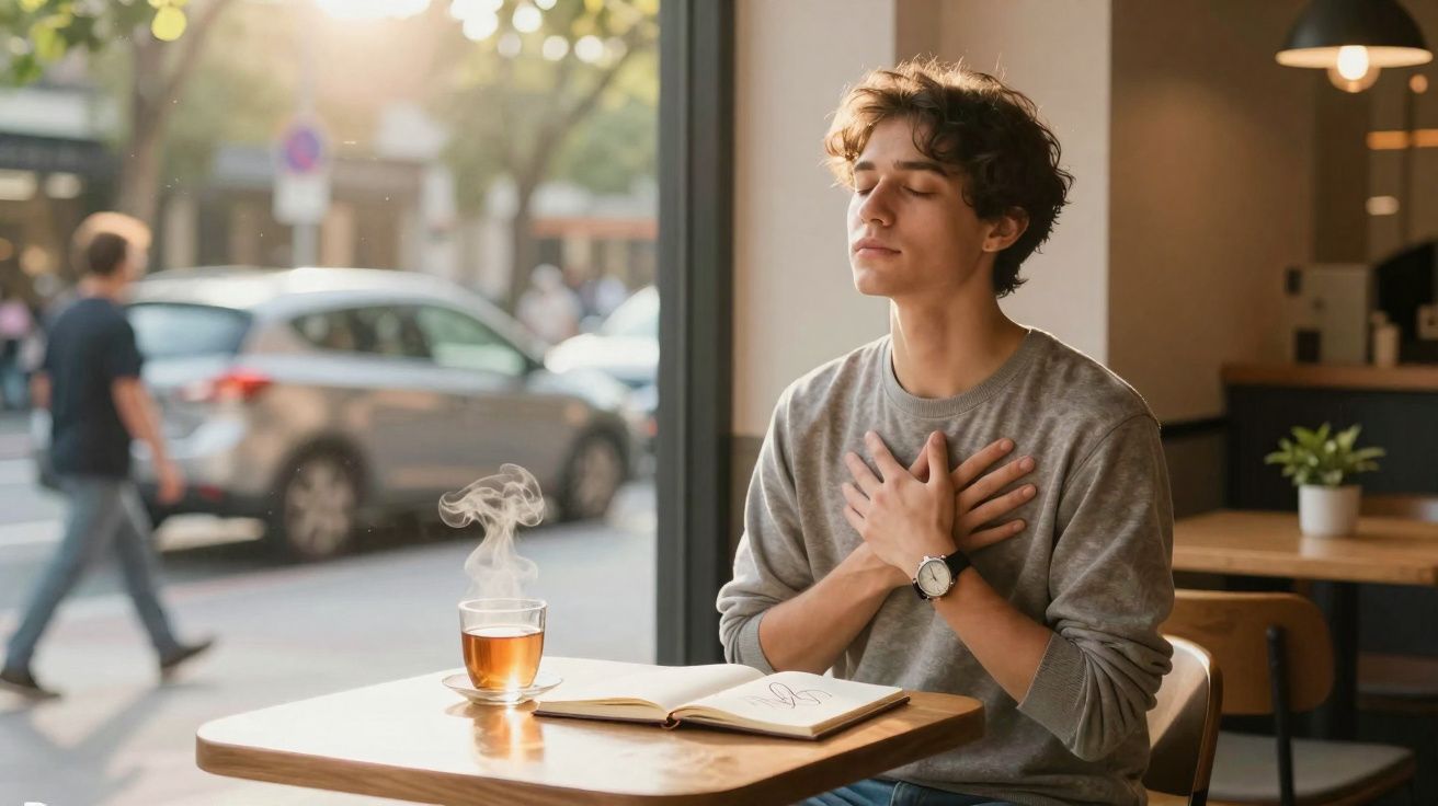 Jovem sentado num café com olhos fechados, mãos no peito, e chá quente numa mesa à frente.
