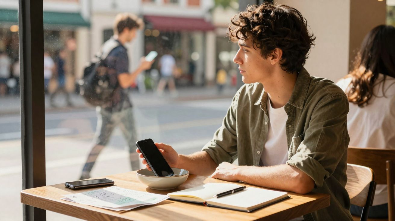 Jovem sentado numa cafetaria com telemóvel na mão, olhando para a rua através da janela.