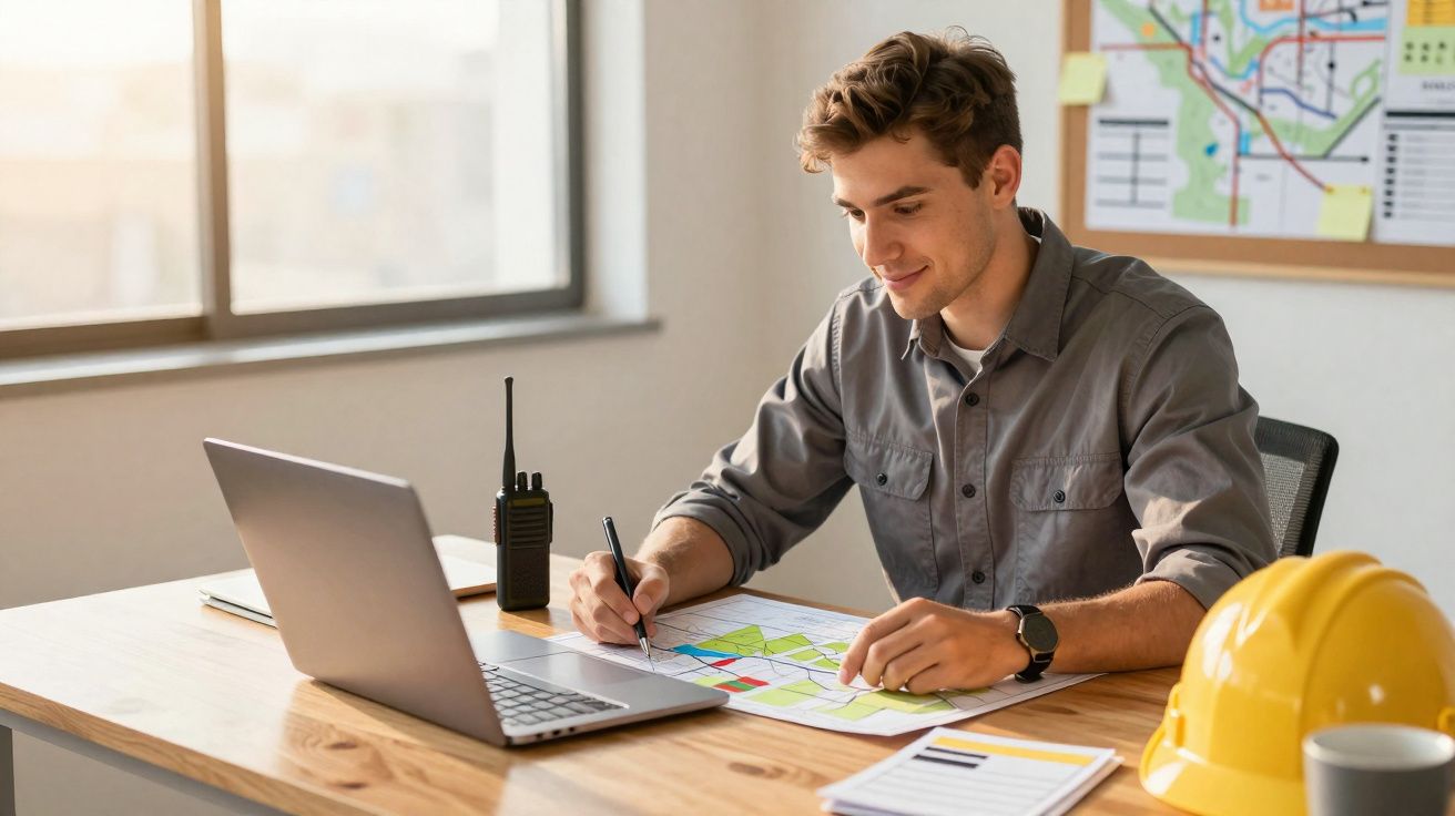 Jovem a trabalhar num projeto de construção com mapas, laptop, capacete e walkie-talkie numa mesa.