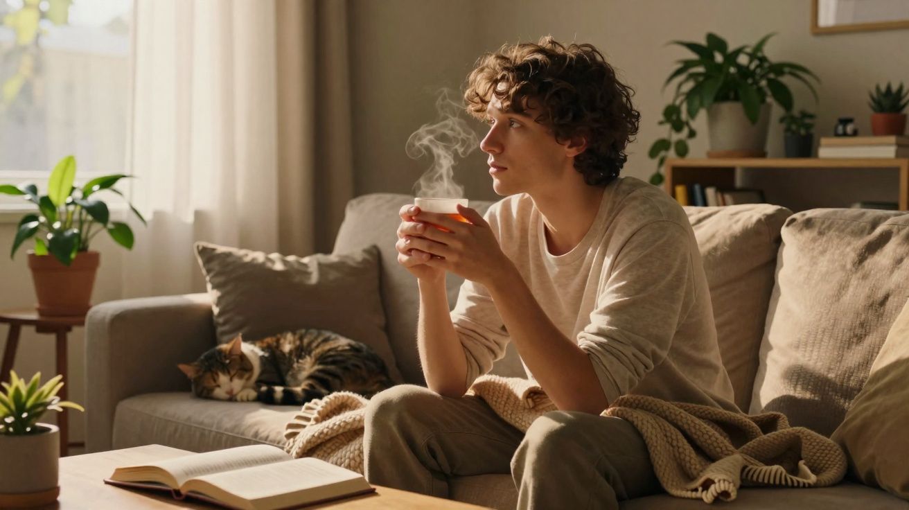 Jovem sentado no sofá a beber bebida quente, com gato a dormir e livro aberto na mesa.