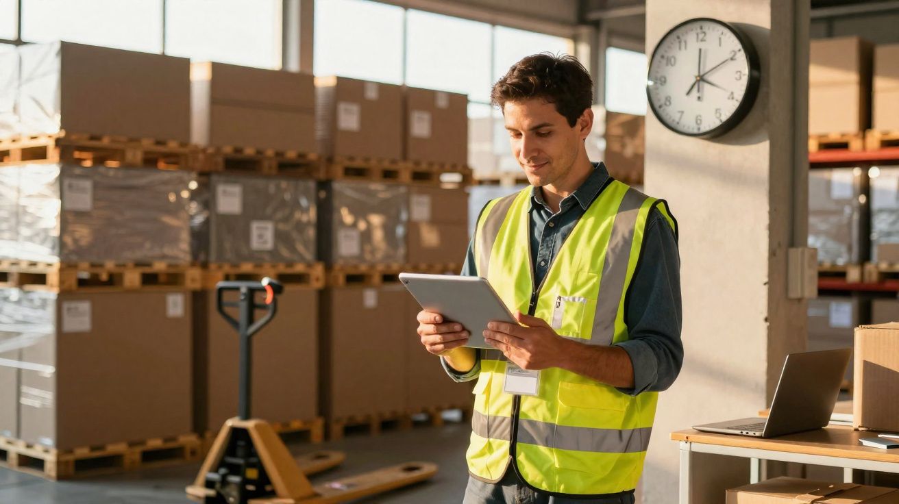 Homem com colete refletor a usar tablet numa armazém com caixas e paletes ao fundo.