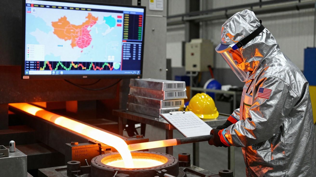 Operário com equipamento de proteção manipula metal incandescente numa fundição industrial.