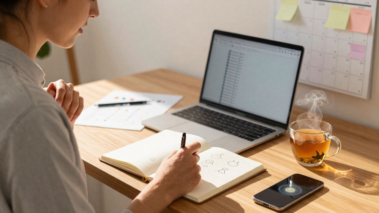 Pessoa a desenhar em caderno à frente de computador portátil, com chá e telemóvel numa secretária organizada.