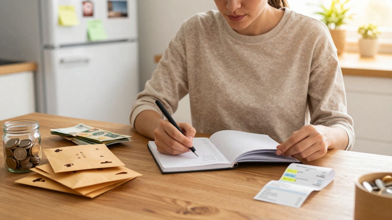 Pessoa a planear despesas com caderno, envelopes, dinheiro e extrato bancário numa mesa de madeira.