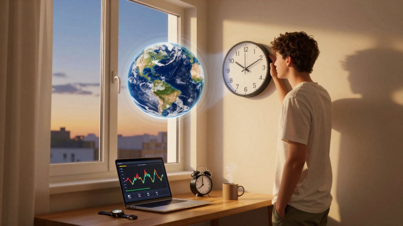 Jovem em quarto a olhar para relógio, com globo terrestre flutuante digital e laptop com gráficos.