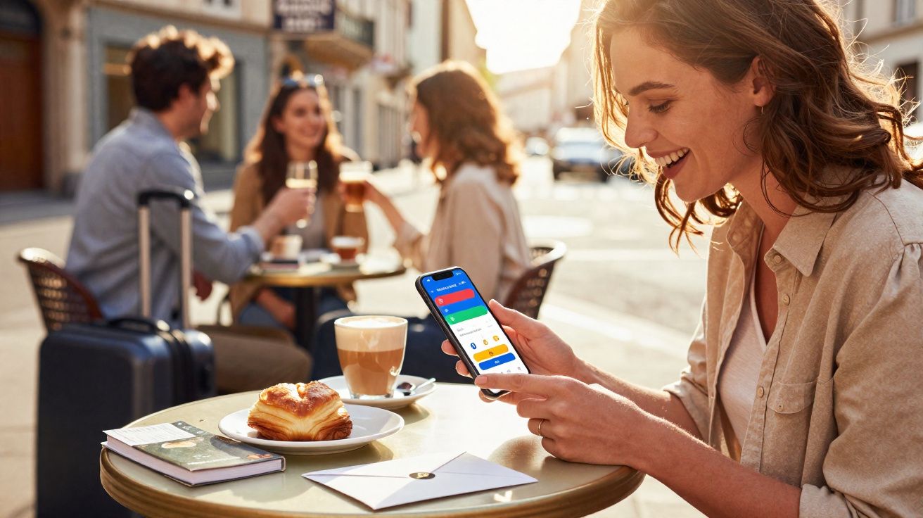 Mulher sorridente usa telemóvel num café ao ar livre, com pastelaria, café e amigos ao fundo.