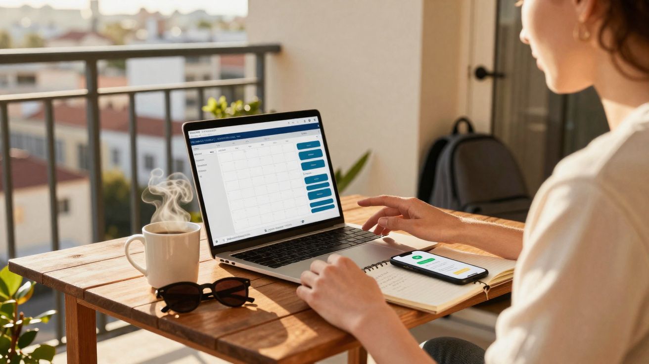 Pessoa a usar computador portátil num terraço, com uma chávena fumegante e telemóvel ao lado sobre a mesa de madeira.