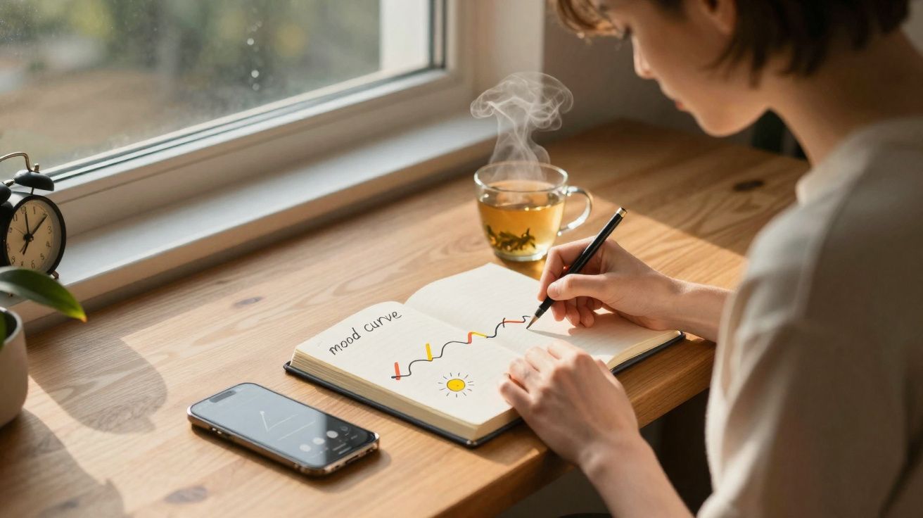 Pessoa sentada junto a uma janela a desenhar gráficos num caderno com chá quente ao lado num dia soalheiro.