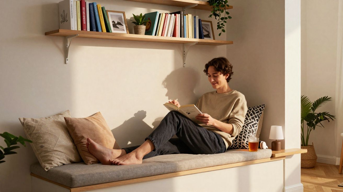 Pessoa sentada numa área de leitura com almofadas, planta e prateleira com livros a ler um livro.