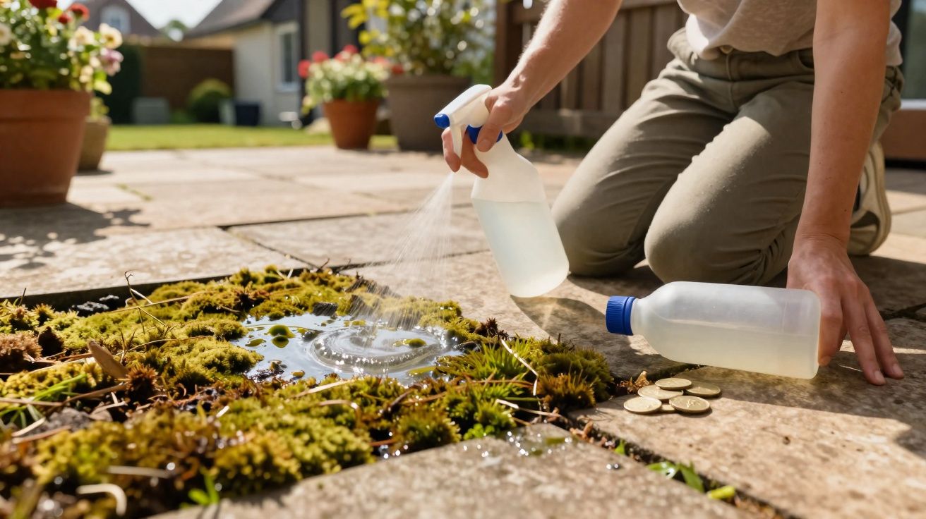 Pessoa a pulverizar água sobre musgo numa calçada exterior junto a moedas empilhadas.