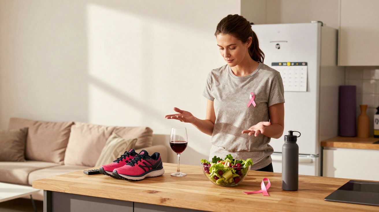Mulher com laço rosa pondera entre vinho tinto e salada, em cozinha com ténis e garrafa de água na bancada.