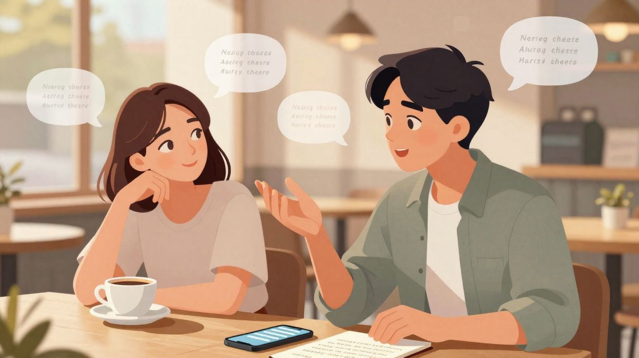 Dois jovens a conversar numa mesa de café, com uma chávena e um telemóvel à sua frente.